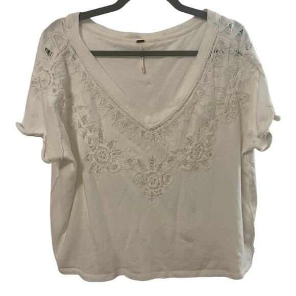 Free People Lyla Cotton Crochet Cut Out Tee Short Sleeve Boho Coastal Summer S - Picture 3 of 13